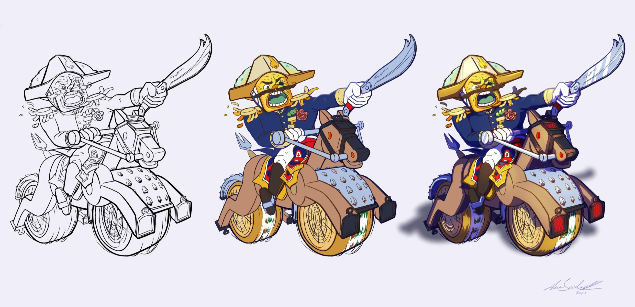 Cheese Army Design Process: from linework to rendered